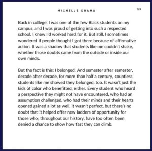 Michelle Obama Instagram - I wanted to share some of my thoughts on today's Supreme Court decision on affirmative action:
