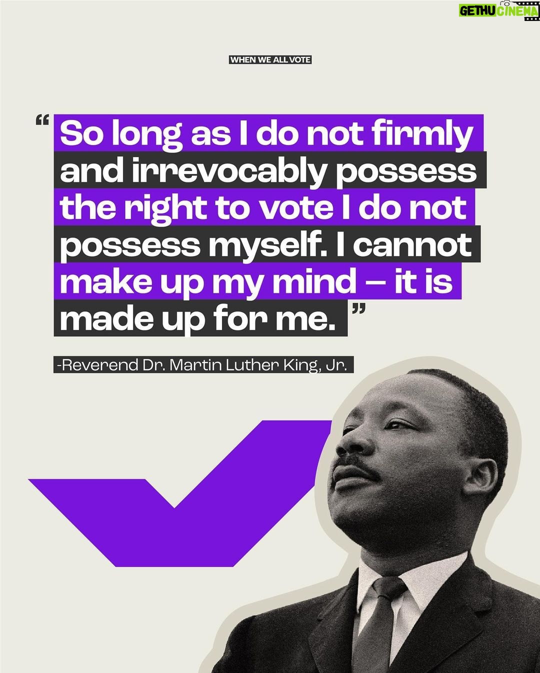 Michelle Obama Instagram - Our fight to protect one of our most sacred rights — the right to equal access to the ballot box — doesn’t begin, or end, on Election Day. And this year, in particular, it could not be more important. If anyone understood the power of using our voice, it was Dr. Martin Luther King, Jr. This #MLKDay, I hope you’ll join me in honoring Dr. King’s legacy by taking an action that you believe would advance his work. Whether it’s registering to vote with @WhenWeAllVote, texting your friends or family members to remind them to register, or turning a community event into a voter registration event, every small act counts. All of us can play a role in shaping our democracy for the better. I hope you’ll get involved and do your part.