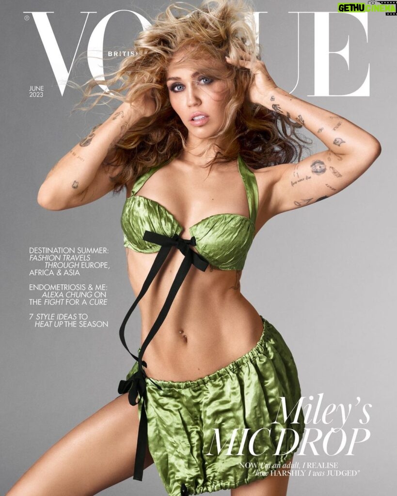 Miley Cyrus Instagram - It’s the one and only @MileyCyrus for @BritishVogue’s June 2023 issue. Cyrus’s reputation as the wildly talented TV princess turned pop provocateur may precede her, but beneath the stories, the songs and the headlines, @GilesHattersley discovers a superstar at peace with herself in the June issue of #BritishVogue. Click the link in bio to read the interview, and see the full story in the new issue, on newsstands Tuesday 23 May. #MileyCyrus wears all custom @Prada, photographed by @StevenMeiselOfficial and styled by @Edward_Enninful, with hair by @GuidoPalau, make-up by @PatMcGrathReal, nails by @JinSoonChoi, entertainment director-at-large @JillDemling and production by @ProdN_ArtAndCommerce. [Image description: Image shows Miley Cyrus, a white woman, on the cover of British Vogue. Miley has her hands on either side of her head ruffling her blonde hair, which has been styled in waves. She is wearing a green Prada bra top with a black ribbon detail, and a matching miniskirt. Above her head, the Vogue logo in big white letters. The cover also reads: “Miley’s mic drop.“]