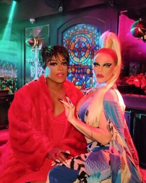 Morgan McMichaels Instagram - @theonlymayhem and I looking like the real housewives of _________ (You fill in the blank) !! 

Gotta quick pic with my sissy mayhem when I popped in to the @theabbeyweho last Tuesday to see her at her Uber fun “ALL THAT” 70s 80s 90s music night !! Make sure you check it out !!! Look at us perched like two birds of a feather ! Make sure you also check out this latest episode of binge queens on @wowpresentsplus !!