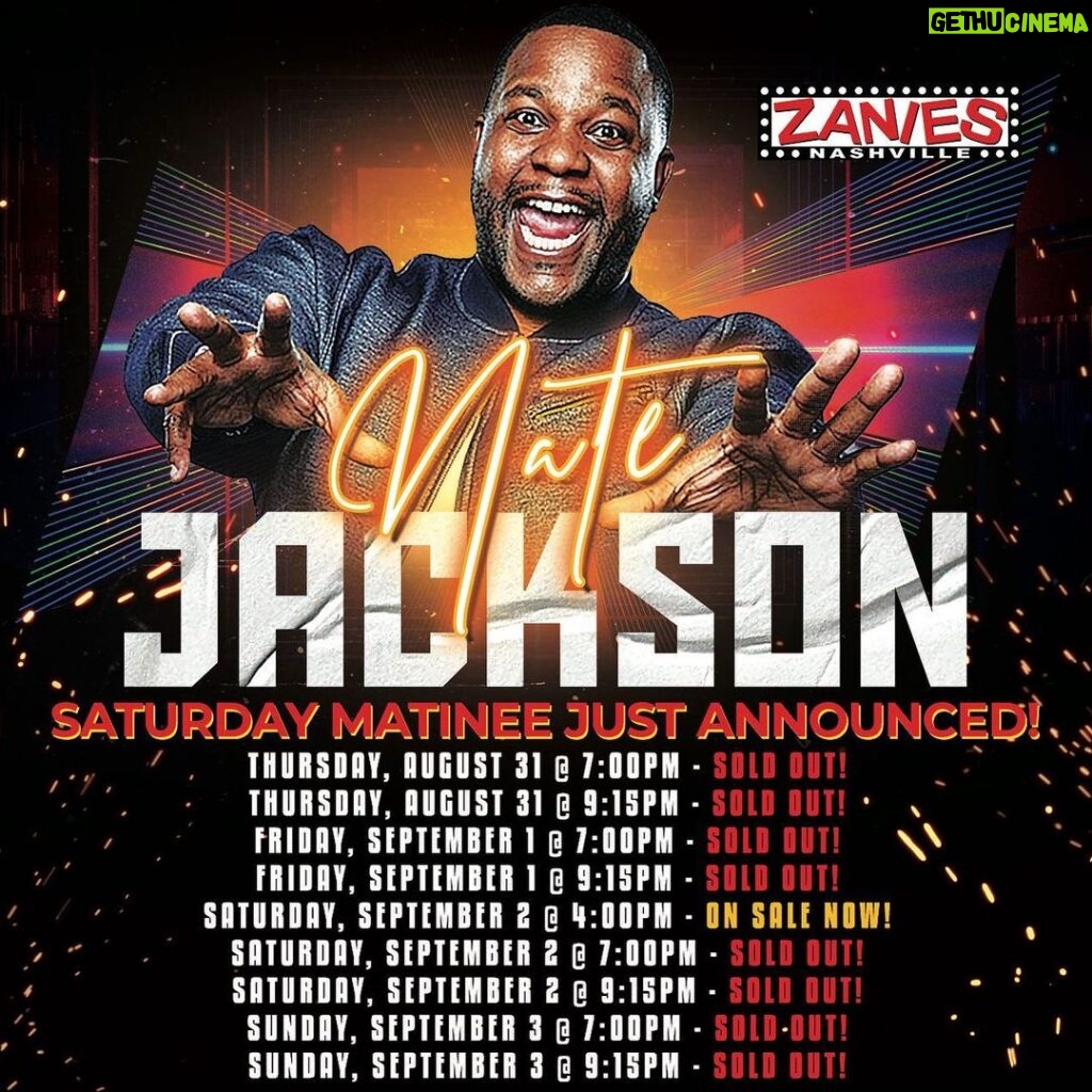Nate Jackson Instagram - 💥 SATURDAY MATINEE JUST ANNOUNCED Thought you missed your chance to catch @MrNateJackson at Zanies? Due to popular demand we've just announced a Saturday, 4PM show! All other shows are sold out, so grab tickets while you can, Nashville. Calendar link in bio. #nashville #musiccity #zanies #zaniesnashville #standup #comedy #comedyclub #jokes Zanies Nashville