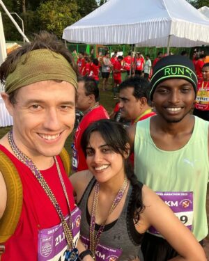 Neha Mahajan Instagram - Perks of believing your legs can fly 🥰
Had an unforgettable half marathon run yesterday with @bradleyduns 
(My timing was 2.27 guys, Bradley smashed it @ 1.45) 
@skfgoarivermarathon 
#run #halfmarathon #goa