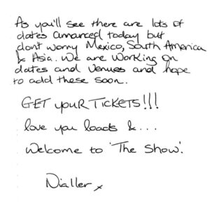 Niall Horan Instagram - I am beyond thrilled to announce The Show Live On Tour 2024 ! It’s been far too long and I can’t wait to see your beautiful faces. Tickets go on sale Friday, June 2 at 10am local.

There are still a few more dates coming so if you don't see a show near you listed, stay tuned.

Album pre-order and Citi/AAdvantage presale begins May 30
Newsletter presale begins May 31
TikTok presale begins June 1

Visit niallhoran.com for more details