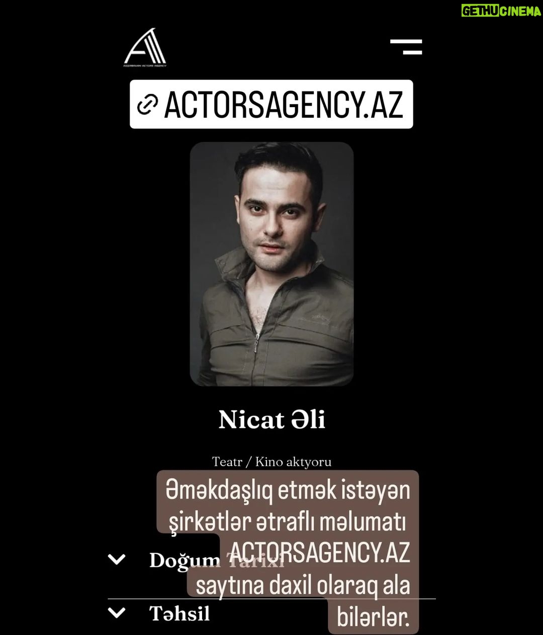 Nicat Əli Instagram - Əməkdaşlıq etmək istəyən şirkətlər mənim haqqımda ətraflı məlumatı ACTORSAGENCY.AZ saytına daxil olaraq ala bilərlər. Sılka önə çıxan hekayələrimdə yerləşdirilib. @actorsagency_azerbaijan