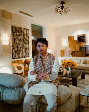 Nick Jonas Instagram - So nice being able to spend a few days by the beach to celebrate Diwali with my friends and family. Thank you @airbnb

Styled by @stylebyami 
Designed by @sabyasachiofficial