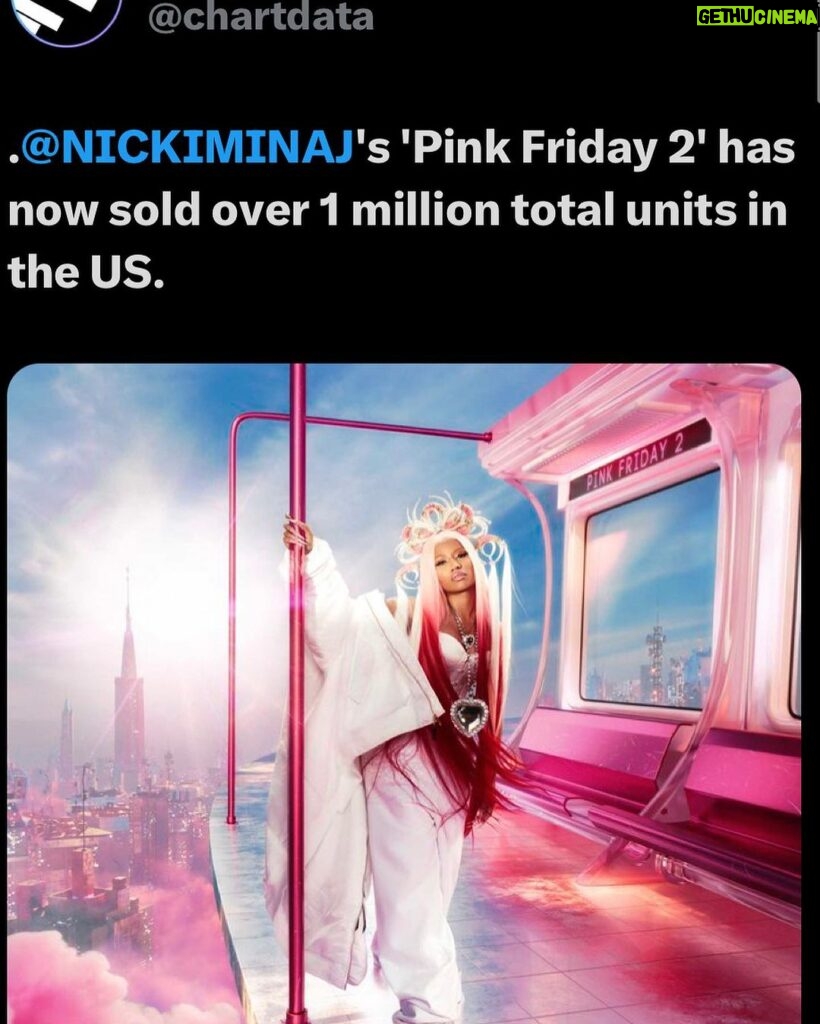 Nicki Minaj Instagram - WTFFFFFFFF #PinkFriday2 has officially sold 1 MILLION in the US!!!!!! 🥹🍾🥂🥳. Thank you to every single one of you listening/supporting this album, the best label Republic Records, the GREATEST artists in the WORLD of our generation featured when I needed them the most 🙏🏽🥹 every INCREDIBLE & GENIUS producer🙏🏽♥️ everyone who had ANYTHING to do with the music, every radio station, PD, DJ, interviewer, post, reaction video, VOGUE 🥹, #PapaBear, Zoo, PATTY DUKE, JUICE, and the um, ummmm…greatest fan base of all time… the barbz. BARBZZZZZ!!!!!!!!!!!!! #HeavyOnIt GOD is good🙏🏽 see you on TOUR!!!!! 🎀😘♥️🎀