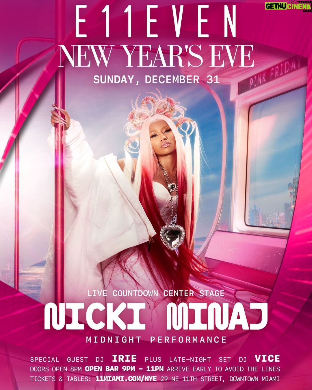 Nicki Minaj Instagram - @11Miami Bids Farewell to 2023 and Welcomes 2024 with @NickiMinaj 👑 Live Countdown and Midnight Performance center-stage Sunday, Dec. 31 🥂 Doors open at 8pm plus Open Bar from 9pm to 11pm. Tickets & Tables @ 11miami.com/nye #E11EVEN #NickiMinaj #PinkFriday2 #NewYearsEve #NYE2024 Miami, Florida