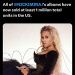 Nicki Minaj Instagram – WTFFFFFFFF #PinkFriday2 has officially sold 1 MILLION in the US!!!!!! 🥹🍾🥂🥳. Thank you to every single one of you listening/supporting this album, the best label Republic Records, the GREATEST artists in the WORLD of our generation featured when I needed them the most 🙏🏽🥹 every INCREDIBLE & GENIUS producer🙏🏽♥️ everyone who had ANYTHING to do with the music, every radio station, PD, DJ, interviewer, post, reaction video, VOGUE 🥹, #PapaBear, Zoo, PATTY DUKE, JUICE, and the um, ummmm…greatest fan base of all time… the barbz. BARBZZZZZ!!!!!!!!!!!!! #HeavyOnIt GOD is good🙏🏽 see you on TOUR!!!!! 🎀😘♥️🎀