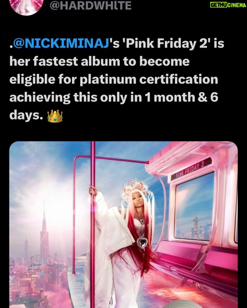 Nicki Minaj Instagram - WTFFFFFFFF #PinkFriday2 has officially sold 1 MILLION in the US!!!!!! 🥹🍾🥂🥳. Thank you to every single one of you listening/supporting this album, the best label Republic Records, the GREATEST artists in the WORLD of our generation featured when I needed them the most 🙏🏽🥹 every INCREDIBLE & GENIUS producer🙏🏽♥️ everyone who had ANYTHING to do with the music, every radio station, PD, DJ, interviewer, post, reaction video, VOGUE 🥹, #PapaBear, Zoo, PATTY DUKE, JUICE, and the um, ummmm…greatest fan base of all time… the barbz. BARBZZZZZ!!!!!!!!!!!!! #HeavyOnIt GOD is good🙏🏽 see you on TOUR!!!!! 🎀😘♥️🎀