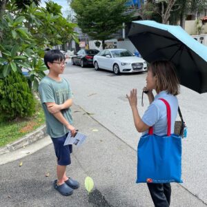 Nicole Seah Instagram - 朱永钦 - It is not every day that we get to encounter a celebrity during house visits, so our volunteers were extremely excited when I shared the photo with this famous resident, who was an eminent SBC host in the 1990s! Also known as Andy, Mr Zhu was extremely humble and down-to-earth. In other entertainment news, we also encountered a floor to ceiling Marvel Avengers statue collection from resident W from Taman Bedok. The estate also saw many dog lovers, with a couple proudly introducing us to their Singapore Special pup which looked like a border collie cross. Mongrels might not fetch the same price premium as pedigree dogs, however their sweet disposition and the inherent gratitude of being rescued by their owners offer a combination that make for wonderful canine companionship. If you are so inclined, adopt, don’t shop! It was a pleasant and sunny walk through the Taman Bedok estate, which we had last visited in 2020. Thankful for the volunteers who gamely took out their umbrellas and caps to cover much ground with us in the morning sun.