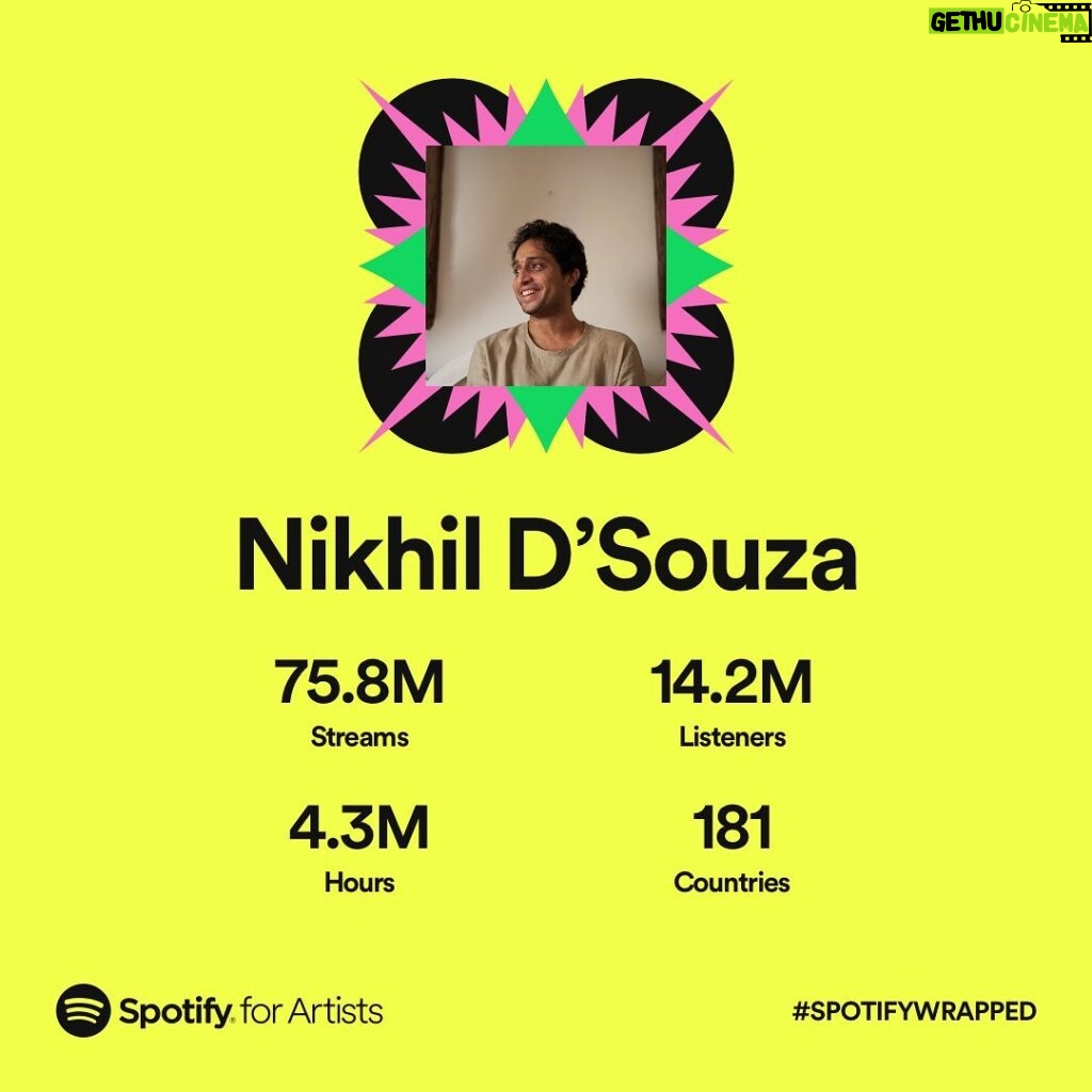 Nikhil D'Souza Instagram - A good year, going by the numbers. 🍻 All thanks to you guys and thank you @spotifyindia for the support from the very beginning, since I started my indie journey over here. Next year I’m gonna release twice as many songs. Promise. #spotifywrapped @spotifyforartists