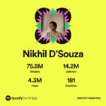 Nikhil D’Souza Instagram – A good year, going by the numbers. 🍻 All thanks to you guys and thank you @spotifyindia for the support from the very beginning, since I started my indie journey over here. Next year I’m gonna release twice as many songs. Promise. 
#spotifywrapped @spotifyforartists