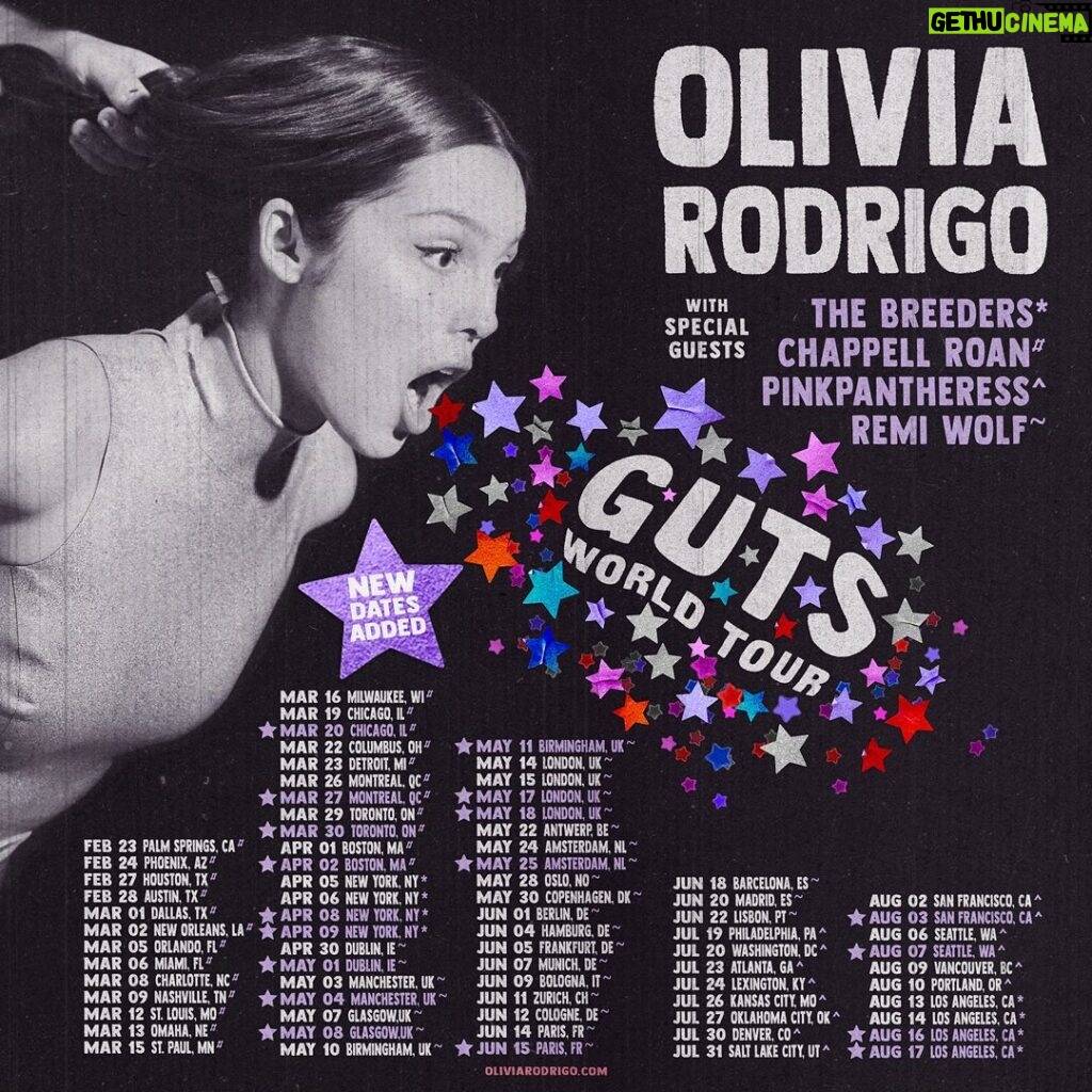 Olivia Rodrigo Instagram - my GUTS world tour just added 18 new dates! ticket registration is open til Sunday, 9/17 on oliviarodrigo.com. more dates in many countries yet to come!!!! 💜❤️ p.s. fans who already registered can update their show preference to one of the new dates