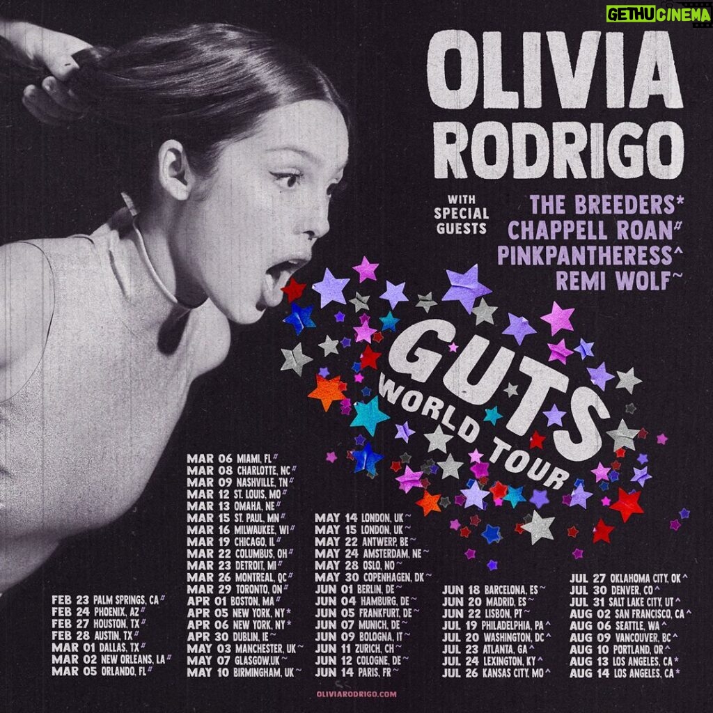 Olivia Rodrigo Instagram - soooo excited to announce the GUTS world tour!!!! register for ticket access at oliviarodrigo.com and stay tuned for more dates coming soon!!! ❤️💗💜💙