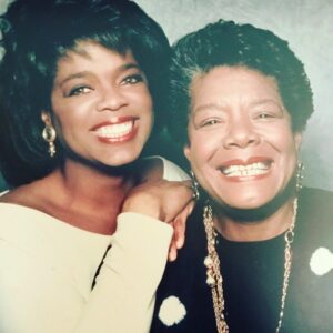 Oprah Winfrey Instagram - Maya would have been 95 today—and I would be throwing her a BIG party, as I did every 5th year since she turned 60. I grew up reading her insightful books and memorizing her poems. When I finally got to meet her in my late 20s she made me a meal and read me Paul Laurence Dunbar poetry. From that point on, I sat at her table and listened to her words of wisdom for years. 
“When people tell you who they are, believe them— the FIRST time!” 
“When you know better, you do better.” 
“When you learn, teach. When you get, give.”
And a mind treasure of other wisdoms. 
I value those gifts to me even more now that she’s gone. But more importantly, I still feel her everywhere. In the stillness, in conversations, in sun rises and sunsets, her Spirit abides with me, greeting me as she always did, “Hello, you darling girl.”