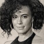 Parisa Fitz-Henley Instagram - I’m grateful to have been introduced to the thoughtful, observant eye and kind heart of @maas.art. Thank you, Justin. I love this. 🤍🖤 [Image Description: Black and white drawing of me, shoulders up, looking directly forward. My hair is pinned into an asymmetrical wavy faux bob, I’m wearing thick metallic hoops, and a dark halter-type neckline.]