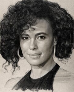 Parisa Fitz-Henley Instagram - I’m grateful to have been introduced to the thoughtful, observant eye and kind heart of @maas.art. Thank you, Justin. I love this. 🤍🖤 [Image Description: Black and white drawing of me, shoulders up, looking directly forward. My hair is pinned into an asymmetrical wavy faux bob, I’m wearing thick metallic hoops, and a dark halter-type neckline.]