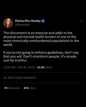 Parisa Fitz-Henley Instagram - I was surprised at how much this thread resonated with folks. The same for the video clip and post I shared yesterday (full length will be coming after this weekend). 

The last 24 hours I’ve had people reach out to me privately as well as publicly with harrowing experiences — and I thought I already knew a lot of folks heavily impacted by COVID! 😰 

PLEASE if you are in a position of responsibility or influence, whether in a professional, community, social justice, political, religious, spiritual, educational or healthcare facility, or in hosting private events — PLEASE update your communications OR stand by your word. 

Perhaps the majority of folks don’t mind either way, but the minority matters right?? And many have been so broken down by all this we will just not say anything anymore and/or avoid you altogether. 

Not going to discuss whether or not you should have COVID mitigation on this post. But advertising a safer place then not ensuring it is not just a bad look, it’s dangerous. Your immune-compromised, disabled, elderly, and generally COVID-cautious friends deserve better. 

—— 
 
Image description in comments.