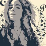 Parisa Fitz-Henley Instagram - Thank you @missladym1981 for the beautiful portrait. 🙏😊🩶🌟🩶🌟😊🙏 Image description: on a cream colored background, in shades of gray, a crescent moon with many stars and the letter P surround an image of me.
