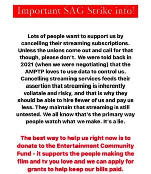 Parisa Fitz-Henley Instagram - Thank you to those who’ve been asking how you can support. And thank you @traciethoms for posting this helpful info. 

Repost from @traciethoms
•
Posting this here again because it’s a big conversation… Ultimately, do whatever feels right to you! Just be informed of several points of view before you do! #sagaftrastrong

Image description: Text on white background. 

In red: “Important SAG Strike info!”

In black: “Lots of people want to support us by cancelling their streaming subscriptions.
Unless the unions come out and call for that though, please don't. We were told back in 2021 (when we were negotiating) that the AMPT loves to use data to control us.
Cancelling streaming services feeds their assertion that streaming is inherently voliatale and risky, and that is why they should be able to hire fewer of us and pay us less. They maintain that streaming is still untested. We all know that's the primary way people watch what we make. It's a lie.”

And in red: “The best way to help us right now is to donate to the Entertainment Community Fund - it supports the people making the film and tv you love and we can apply for grants to help keep our bills paid.”