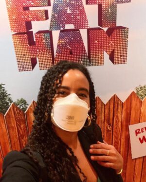 Parisa Fitz-Henley Instagram - #FatHam on Broadway with one of my besties. 🎭 🥰 This is the last week so if you’re in NY grab tix! Front and center of the mezzanine is fantastic! 

Slide 1: Me smiling, my hair in twists, wearing a white N95 respirator, gold earrings and a black blazer. I’m standing in front of the words “Fat Ham” in glitter on a wall. 

Slide 2: Me smiling, same place and time but with my friend Aeric (also smiling), who has brown skin and is wearing a silver necklace and thick black hair wrap/band. 

Slide 3: A selfie of me in my seat in the theater