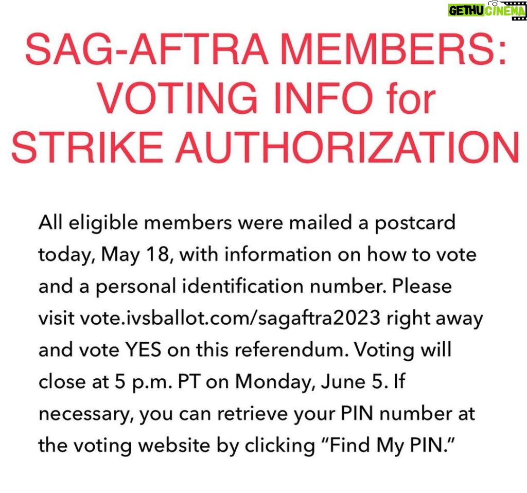 Parisa Fitz-Henley Instagram - To save you some digging through the SAG-AFTRA site. Image description: White background. Text only which reads “SAG-AFTRA MEMBERS: VOTING INFO FOR STRIKE AUTHORIZATION All eligible members were mailed a postcard today, May 18, with information on how to vote and a personal identification number. Please visit vote.ivsballot.com/sagaftra2023 right away and vote YES on this referendum. Voting will close at 5 p.m. PT on Monday, June 5. If necessary, you can retrieve your PIN number at the voting website by clicking “Find My PIN.””