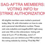 Parisa Fitz-Henley Instagram - To save you some digging through the SAG-AFTRA site. Image description: White background. Text only which reads “SAG-AFTRA MEMBERS: VOTING INFO FOR STRIKE AUTHORIZATION All eligible members were mailed a postcard today, May 18, with information on how to vote and a personal identification number. Please visit vote.ivsballot.com/sagaftra2023 right away and vote YES on this referendum. Voting will close at 5 p.m. PT on Monday, June 5. If necessary, you can retrieve your PIN number at the voting website by clicking “Find My PIN.””