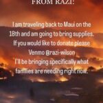 Parisa Fitz-Henley Instagram - My dear friend of 25+ years @raziwilson is taking things back home to Maui in a few days to help after these heartbreaking fires. This is for people she knows personally and whose needs she’s able to address directly. She is inviting others to contribute. If you feel moved to donate through an individual, she is someone I’ve always known to be trustworthy, huge-hearted and no non-sense. She’ll make sure people get what they need. Thank you. 🙏 For those who’d prefer an org, via @abcnews: “The Council for Native Hawaiian Advancement pledged to match donations — up to $100,000 initially, now increased to $1 million — for a campaign they began Wednesday, with initial support from the Alakaʻina Foundation Family of Companies. An online tracker shows that more than $442,000 has been given from 3,300 people as of Thursday.” And GoFundMe also has vetted fundraisers for individuals. If you’re reading this from Hawaii, please know you’ve been in our hearts and prayers. May your hearts be soothed in the midst of all this loss and grief. And may you have the gentlest, quickest healing and restoration possible. Sending you so much love. 🙏🌺🤍 Slide descriptions: 1. Video of me up close, talking to camera. My hair is up and I’m wearing a black t-shirt. 2. A background that looks almost like a sky at sunset, but is actually an area of hills, trees and homes with flames and smoke all around. The message superimposed reads: “FROM RAZI: I am traveling back to Maui on the 18th and am going to bring supplies. If you would like to donate please Venmo @razi-wilson. I’ll be bringing specifically what families are needing right now. 3. A Venmo QR code for Razi with her photo at the center.