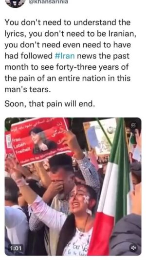 Parisa Fitz-Henley Instagram - 40 days since #MahsaAmini was murdered, since hundreds of innocent people — including women and 20+ children have been killed in the aftermath. 🥀 Dear family in Iran, we are still watching, still praying, making efforts in various fields to support a more just and free Iran. In awe of your courage. Sending you love. 🌹💪 

Thanks to @khansarinia[Twitter] for sharing this. And to @shervinine for his beautiful song “Baraye”

Image/video description: A screen capture of a tweet that includes a video of weeping protesters singing to Baraye. Text of the tweet: “You don’t need to understand the lyrics, you don’t need to be Iranian, you don’t even need to have followed Iran news the past month to see forty-three years of the pain of an entire nation in this man’s tears. Soon, that pain will end.” A man cries openly as he holds up a sign bearing an image of Mahsa Amini and a young woman in front of him, with white bandages and what looks like blood on her face, sobs as she sings along.