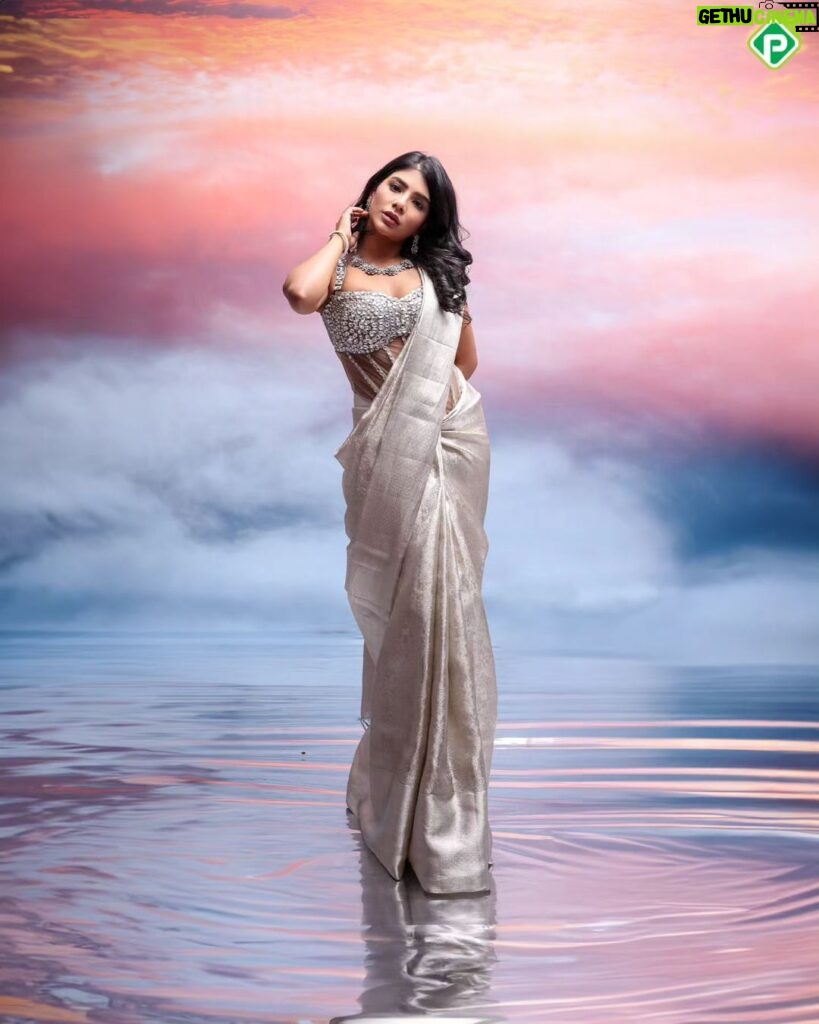 Pavithra Lakshmi Instagram - Meet Queen Aryastra graces the cosmic stage in 'Festive Frost Crystal,' embodying the serene beauty of winter nights. Her saree, woven with threads of starlight, captures the iridescence of snow-kissed crystals, echoing the silent magic of Christmas. . Model: @pavithralakshmioffl Creative concept design & Styling: @gowtham.618 Jewellery: @aaranyarentaljewellery @idayaluxeee . #PachaiyappasMagic #stylewithpachaiyappas #pachaiyappas #pachaiyappassilks #sareeofindia #silk #traditionalwear #silksaree #silver #crystal #fashiondesigner #fashion #styling #creativephotography #content #textile #clothing #pattusaree #christmas #collection #festive #trending #instagood #model #fantasy #art #adorable #divine #beauty Chennai, India