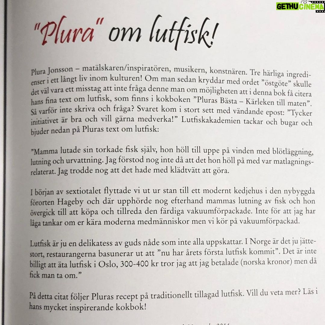 Plura Jonsson Instagram - Medverkar i denna fina skrift #lutfisk #östergötland #pluraskök #plura