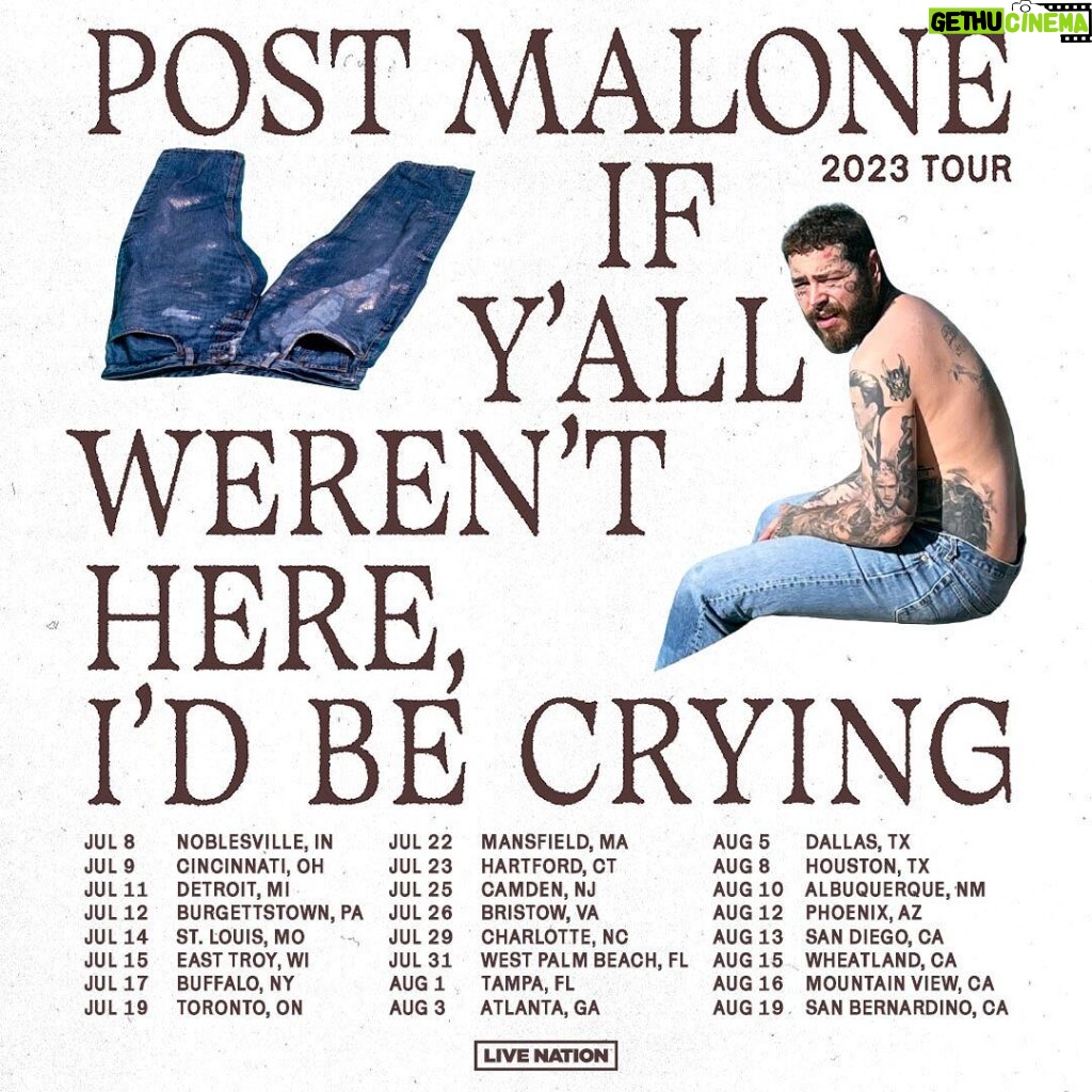 Post Malone Instagram - i love y’all so very much, and I’m so excited to get out and do some more shows for y’all 🥹help me put a baby through college, and come on out 🍻 some cool new production, new songs, and a very very handsome man up on stage 😎 sending love to you and yours 💕💕