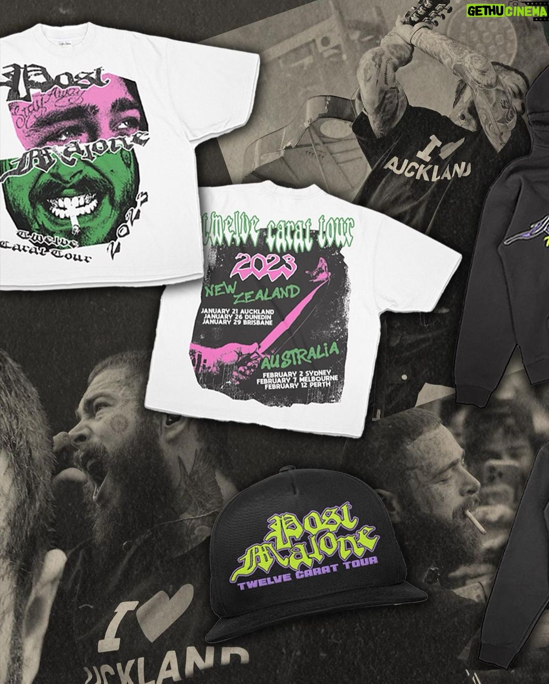 Post Malone Instagram - new tour merch for New Zealand & Australia by @cheatinsnakes now available online:) link in bio