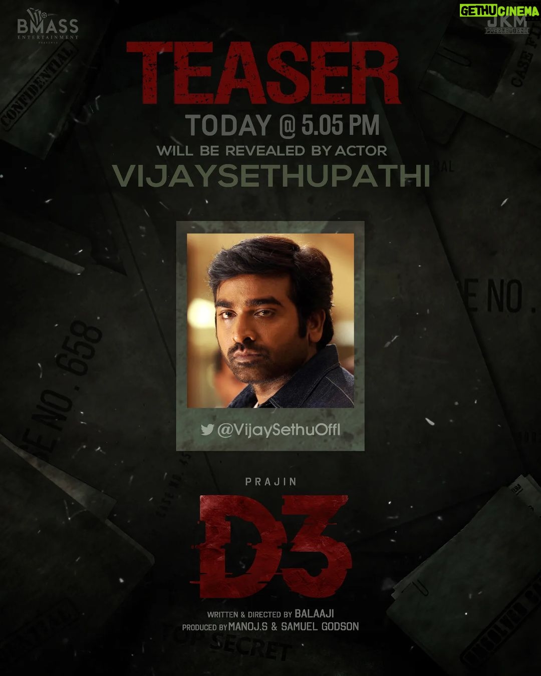 Prajin Padmanabhan Instagram - Today @5.05pm @actorvijaysethupathi macha will be releasing the teaser of #D3.... Get ready for a one night enticing thriller 😎 @prajinpadmanabhan @vidya.pradeep01 @balaaji_7 @manojbmass @bmassentertainment @sreejithedavana_official @johnmediamanagr @editraja001 @manikandan1986bk2018 @jkm.productions @_dineshashok_ @promoworksofficial