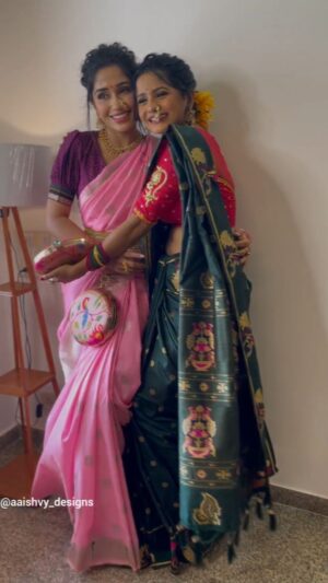 Purneima Day Instagram - Offscreen chemistry between (Gunja) @sharvari_jog and (Mrunmayee) @purniemaadey_official. Behind the scene from star pravah ganeshotsav photoshoot❤

Sarees and blouses by - @aaishvy_designs 
Jwellery by - @amairajewellery_official
Sharvari's MUA - @official_shrutishikhare 
Purnima's MUA -@blushandbeauties_20 

*DM to order*

#starpravah #ganeshotsav #sarees #makeup