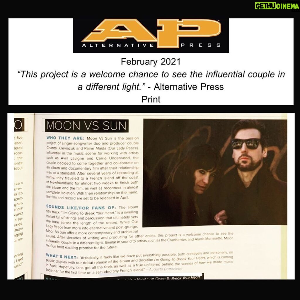Raine Maida Instagram - “This project is a welcome chance to see the influential couple in a different light.” - Alternative Press Damn!!! Thank you to @altpress for the incredible coverage and for @moonvssunofficial being one of the 100 artists you need to know . Read the rest of the article in the February Issue out now! #moonvssun #newmusicalert #imgoingtobreakyourheart Los Angeles, California