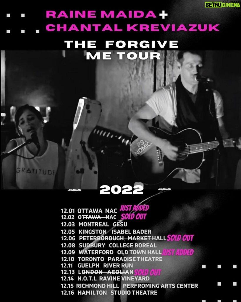 Raine Maida Instagram - The #ForgiveMeTour is selling out. Two shows added due to overwhelming demand. 🚀Grab remaining tix now!!! Can’t wait to play again. New music 🎤will be out prior to shows !!! See you out there.♥️🖤 visit Tour section @raineandchantal.com for tix links Toronto, Ontario