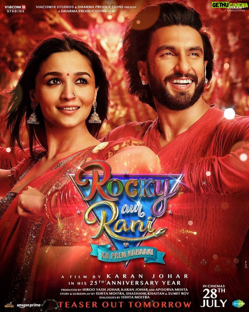 Ranveer Singh Instagram - We’re about to enter the season of LOVE!💖 #RockyAurRaniKiiPremKahaani TEASER OUT TOMORROW! Click the link in the bio to set your reminder now! A film by Karan Johar in his 25th anniversary year, in cinemas 28th July, 2023. #RRKPK @aapkadharam #JayaBachchan @azmishabana18 @aliaabhatt @karanjohar @apoorva1972 @ajit_andhare @_ishita_moitra_ @shashankkhaitan @gogoroy @somenmishra @dharmamovies @viacom18studios @saregama_official