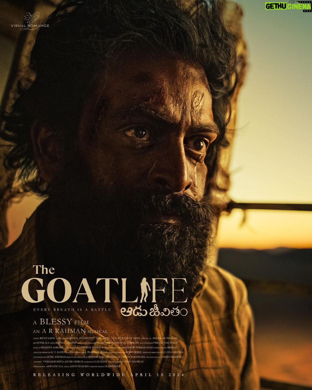 Ranveer Singh Instagram - #TheGoatLife…… dekhne ki cheez hai!!! Releasing worldwide on 10.04.2024! @thegoatlifefilm @blessyofficial @therealprithvi @amalapaul @arrahman @resulpookutty @jimmyjeanlouis @kr_gokul @Stephy_Zaviour @robinjorje @susil.thomas @ranjithambady @vishal_fx84 @prasanthmadhav.artdirector @sunil_ks1 @benny.benyamin @oldmonksdesign @talib_m_albaushi @rikaby1 @sreekar.prasad @catalyst4movies @im_a_s_h_ #TheGoatLifeFilm #TheGoatLifeMovie #Aadujeevitham #Blessy #Benyamin #PrithvirajSukumaran #AmalaPaul #ARR #PosterRelease #MoviePoster #OfficialPoster #AadujeevithamPoster #ResulPookutty #PrithvirajSukumaranFans #AmalaPaulFans #Prabhas #FirstLookPoster #OfficialPoster