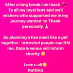 Rathika Rose Instagram - Hello everyone.. I feel it’s my responsibility to acknowledge the ones who stood by me in thick and thin during my stint in #biggbosstelugu7 house. Hence planned in person meeting with limited people. Will read my DMs and plan the meet. #thankyouall #rathika