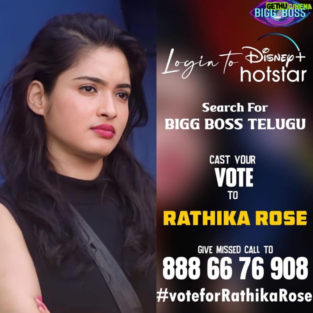 Rathika Rose Instagram - It’s Voting Our Rathika Again !! Third consecutive week of nomination and yes More the Nomination, More is the opportunity for us to show our Love and Support to our Rathika. Let’s vote on @disneyplushstel and By giving a missed call now. #monday votes end in an hour so Do not miss to vote yours and also get your friends and family members vote to Rathika now. She is the most deserving to stay in the house. 1st Vote : 1. Open Hotstar App. 2. Login with your mobile number. 3. Search for BiggBoss Telugu 7 4. Locate one of the episode (or) Live. 5. Click on Vote Button. 6. Click on Rathika image and cast your Valuable vote. 2nd Vote : 1. Pickup your phone. 2. Dial 888 66 76 908 (if you hear Call forwarding message, Please hold on till you hear a ring and disconnect itself) That’s it.. Your 2 Votes are registered. Next tell your friends and families to cast their votes too. She deserves your support and love. Edit Help : @itsyashawant #teamrathika #showyourlove #voteforrathika #now #hotstar #starmaa #missedcall #8886666908 #votenow #loveyouall