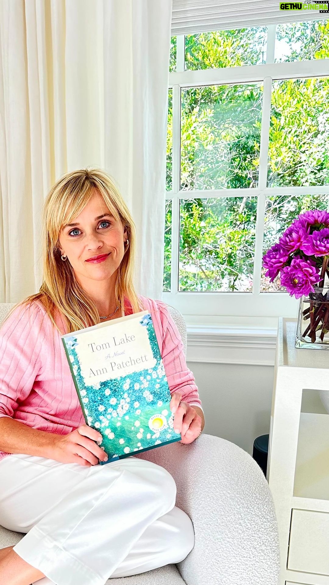 Reese Witherspoon Instagram - Our August #ReesesBookClub Pick is #TomLake by Ann Patchett! This story follows Lara Nelson as she tells her 3 curious daughters about her summer romance with famous actor Peter Duke ✨ This comforting summer read has it all—summer theater, a gorgeous Michigan cherry farm, young love, sibling rivalry, and deep mother-daughter relationships. I can’t wait to hear what you think... Join us at @reesesbookclub to discuss all month long! 📖☀️