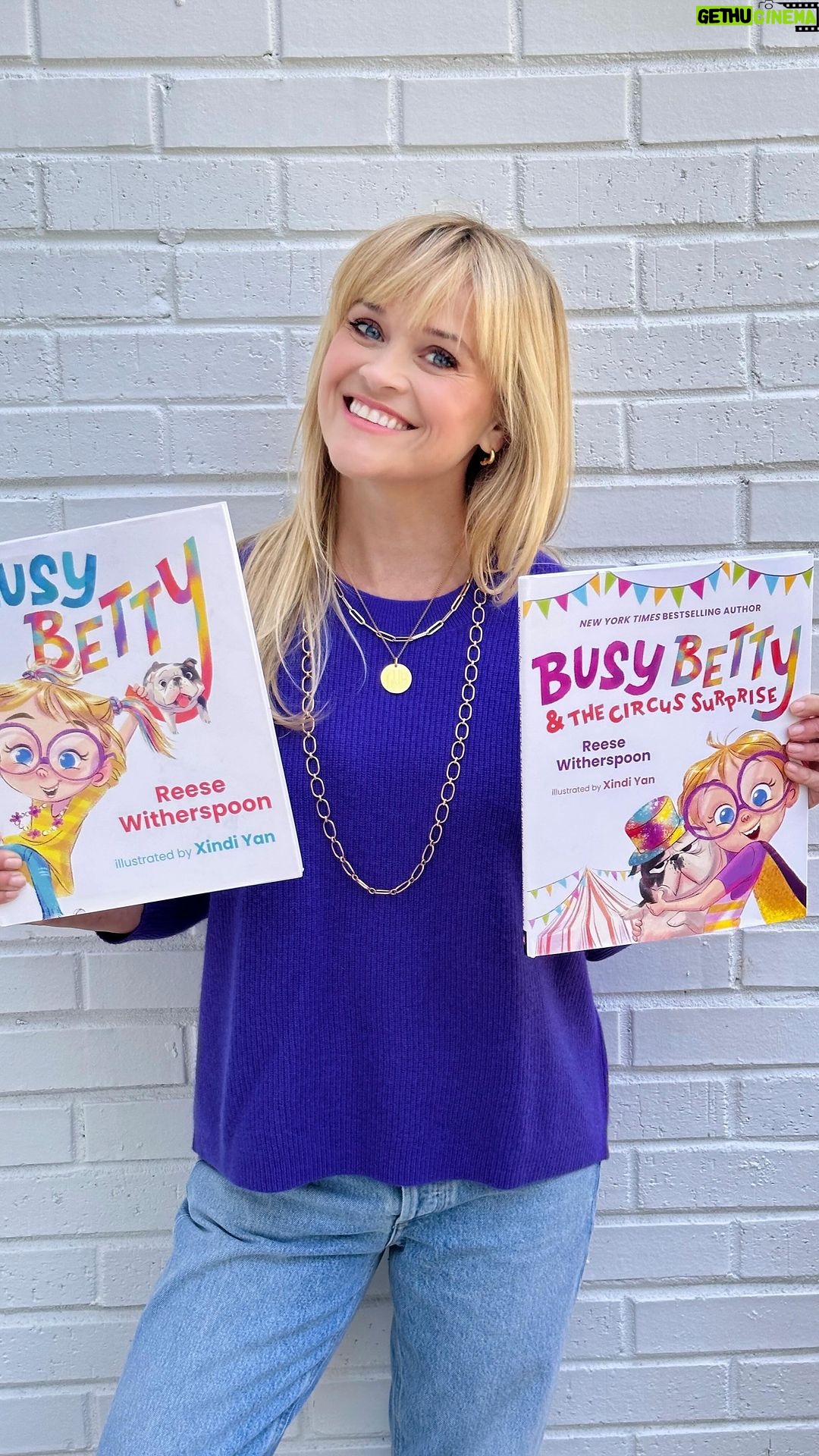 Reese Witherspoon Instagram - Y’all my second children’s book Busy Betty & The Circus Surprise is officially out today!!! 🎉🤸🏼♀️🎪💖💫🐶 I hope all the little readers in your life adore this little character as much as I do… Based off me as a kid, Betty’s curiousness, excitement, energy, and BIG personality will always have a very special place in my heart. And spreading the joy of reading to the next generation will just never get old. Grab a copy wherever books are sold or head to the link in bio to buy online! And make sure to tag me in all of the photos and videos of your children reading about Betty’s next big adventure!! 🤩
