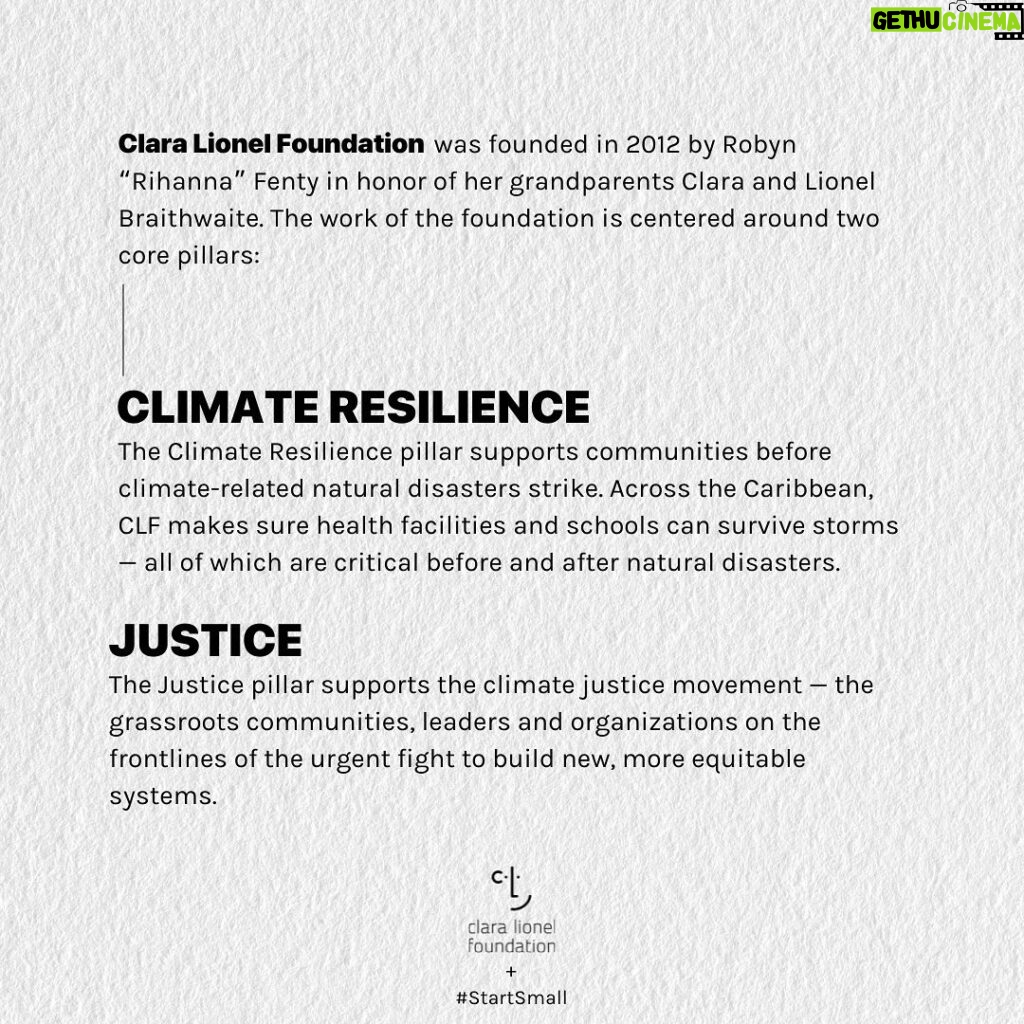 Rihanna Instagram - 🙏🏿💪🏿 @claralionelfdn & #startsmall! we are partnering with 18 organizations across the U.S. and Caribbean to support the climate justice movement. these grants support entities focused on and led by women, youth, Black, Indigenous, people of color and LGBTQIA+ communities: @blackfeministfund @blackvisions @popdemoc The Climate and Clean Energy Equity Fund @CJAOurPower Deep South Center for Environmental Justice Hive Fund for Gender and Climate Justice @indigenousrising @mvmnt4blklives @native_mvmt @ndncollective @100isnow @caribbean_climate_justice @cyen246 @wearehey @girlscareja @helensdaughters.slu @iho_ab