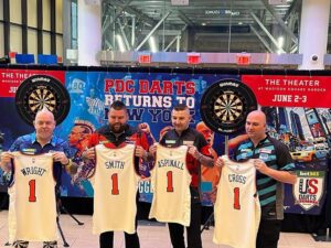 Rob Cross Instagram - Great to be in New York and Madison Sq Garden to do media promo today. It’s going to be an epic event and getting a lot of attention here. 🇺🇸🇺🇸🇺🇸
Also great to practice with my World Cup partner Smithy! 🏴󠁧󠁢󠁥󠁮󠁧󠁿
@targetdarts @NamosSolutions @jenningsbetinfo @scott_rbs