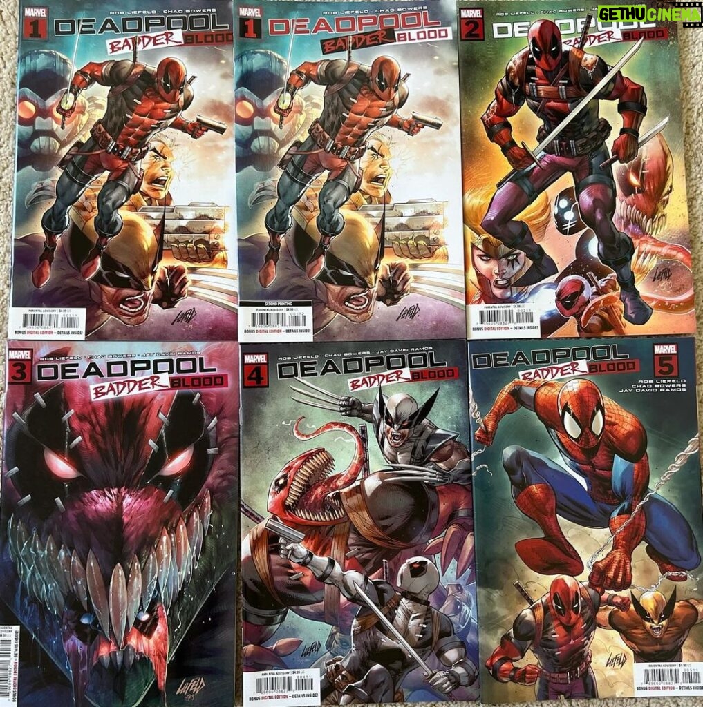 Rob Liefeld Instagram - Can’t tell you how much fun making Deadpool:Badder Blood was. Here are the covers & variants I did for the series as well as the Seven Slaughters one shot I had a story in. The series will be collected and released closer to Deadpool 3. Thanks for all the support you showed for this series! #deadpool #xmen #marvel #robliefeld