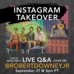 Robert Downey Jr. Instagram – #Repost @indioinkband 
・・・
❗️We are doing an Instagram Live takeover over on @robertdowneyjr page this Tuesday (9/27 @ 3p PST)…SEND US questions and maybe we’ll answer a few! Hit the 🗓 to be notified!