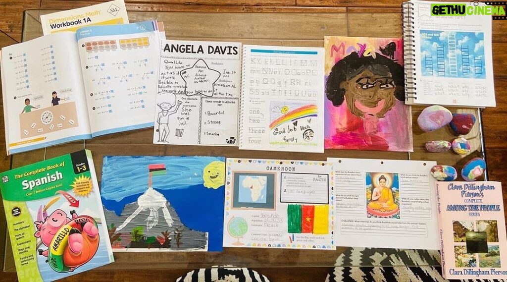 Rockmond Dunbar Instagram - Posted @withregram • @mrs_maya_dunbar A little peak into our Tuesday 😍. Creative expression is a huge part of our curriculum so you'll see two pieces Berkeley did. Of course, this proud black child decided to put our flag on the mountain top. She also did a portrait of me lol. ✊🏾 @singaporemath is a daily part of our learning and I absolutely adore this curriculum. Czar is doing their PreK books and both are fantastic. Spanish is our foreign language choice and so far WE are learning a lot lol. (I've forgotten 80% of the Spanish I 'learned' growing up 🤦🏽‍♀️). We are focused on our Mother continent of Africa in our geography studies and with 54 countries in total, we focus on 1 each day. Where we learn the languages spoken, common crops, population, fun facts, flag and watch various videos after the kids locate it on our globe. We're also taking a deeper dive into our Buddhism so that she can start to truly comprehend what we as her parents, believe and love/live by. (World religion is part of our education, so that our children can grow to understand ALL of the world's religions and can choose (or not) which, if any, speak to them.) Angela Davis is our black HERO this week, which has been a joy to watch Berkeley learn the impact that Ms Davis had/has and also showcase that black women were/are major players in the continuing fight of justice for our black brothers and sisters. Writing technique is also a morning ritual we have while I read from Clare Pierson's 'Among the People' series. Today's short story was about a slow turtle that finds himself in trouble when he doesn't keep up with his siblings. So we painted rocks for our 'turtles' and re-enacted our version of the tale. 😂 Language Arts is a combination of The Good & Beautiful along with the online 'Night Zoo Keeper' learning game and MobyMax. Our days usually wrap up by lunch time or shortly thereafter. Some days are super short, while others take us on journeys long past noon. The beauty in homeschooling is I know what's being taught, what needs more work and can watch in real time, their brains/knowledge expanding. #blackhomeschoolers