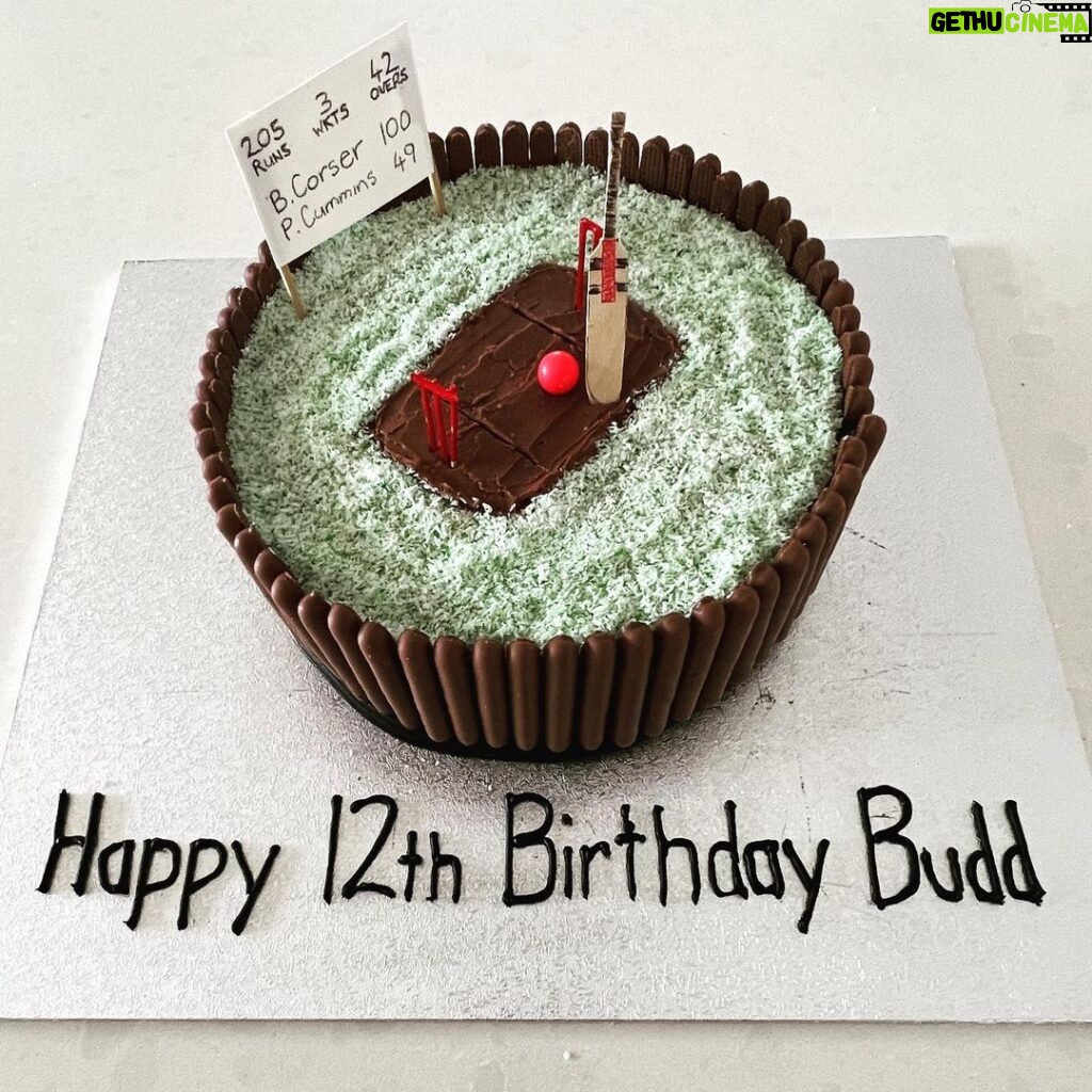 Rodger Corser Instagram - Happy Belated Birthday Buddo… Little bloke was too crook to have his party so it’s a couple of weeks late…but why not have a month of celebrations eh?🎉🎉🎉🎉🎉🎉 Now obviously all the skill went into crafting the @graynics replica bat and authentic scoreboard…but I suppooooose @renae.berry should get a mention for the other minor cake and icing stuff 😜 🏏🎂🏏🎂🏏 #womensweeklybirthdaycakebook #madebetterbydad