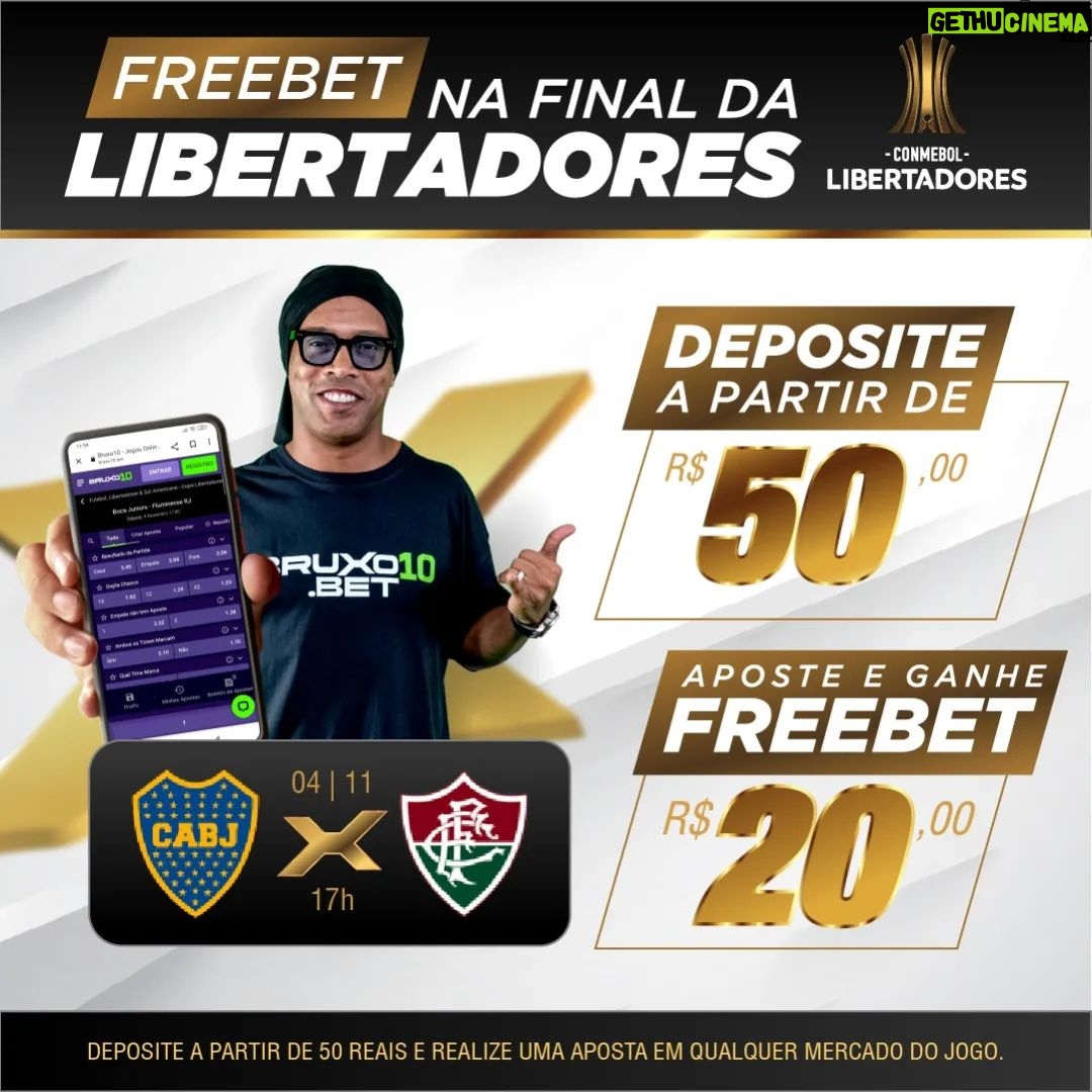 Ronaldinho Instagram - 🏆 Em busca da Glória Eterna com a Bruxo10 🌟 Desfrute da grande final com uma FREEBET de 20 reais na casa do Bruxo! 🤑 Faça um depósito a partir de 50 reais e aposte qualquer valor em qualquer mercado da grande final Boca Jr x Fluminense para garantir a sua premiação! 💰 Basta seguir as regras e se divertir. Em caso de dúvidas, entre em contato com nosso suporte diretamente no site 😉 Não perca essa chance e vem garantir sua magia! 🧙🏿♂️ #bruxo10 #bruxo10bet #libertadores #freebet